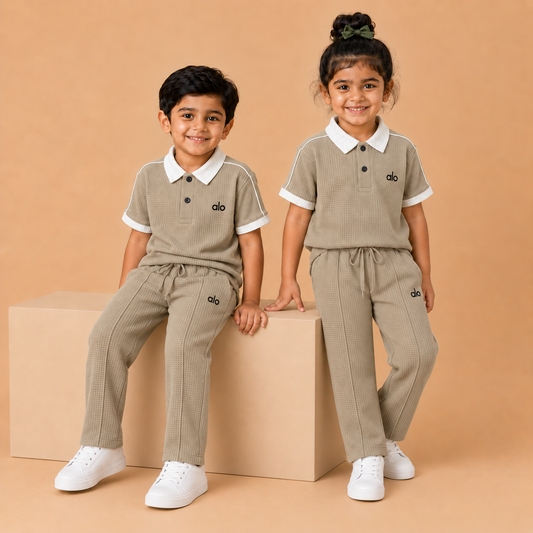 alo Polo Cord set โ Beige x White kids seated lifestyle, straight pleated trousers