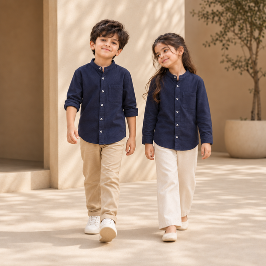 Cotton Band Collar Shirt in Navy — boy and girl