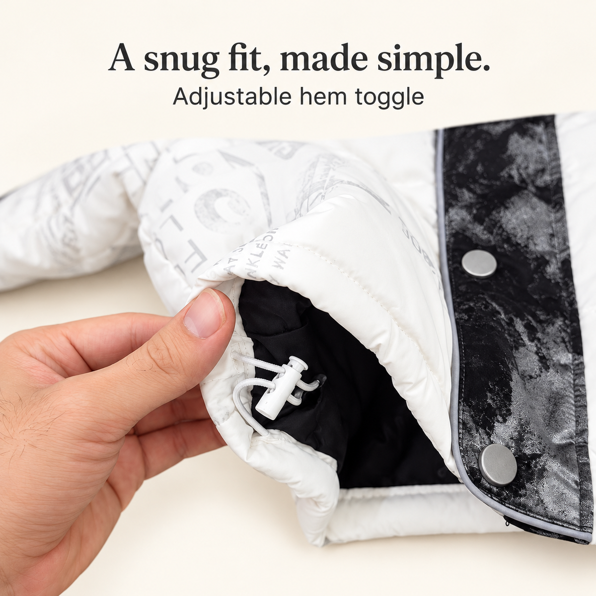 Adjustable hem toggle inside the Monochrome Puffer Jacket, shown clearly for parents