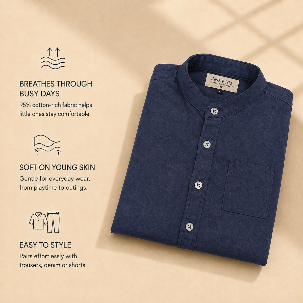 Navy cotton band-collar shirt comfort benefits