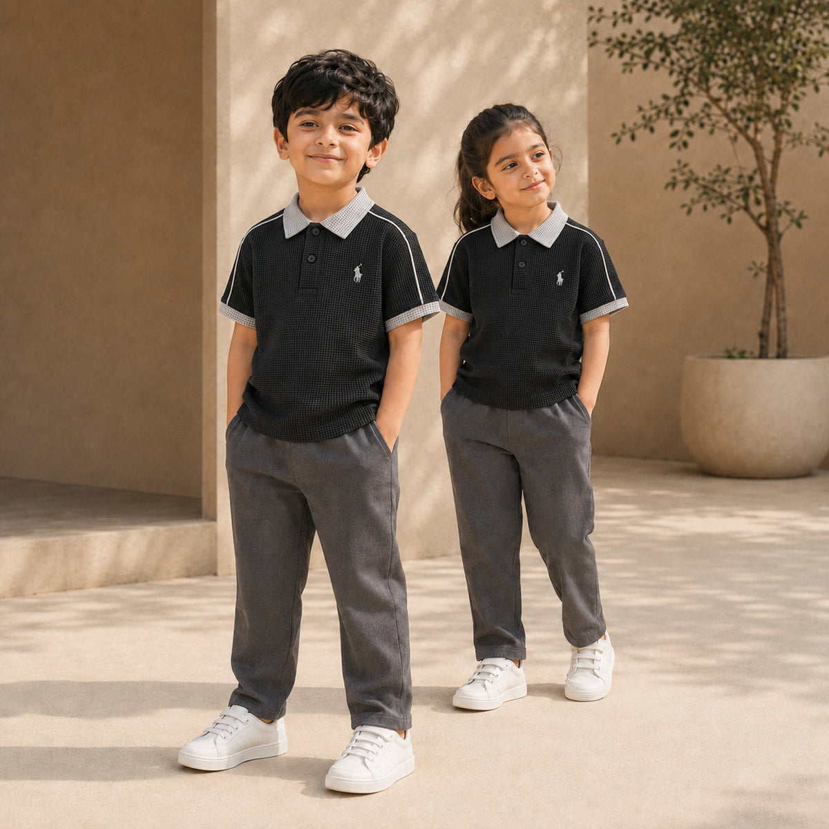 BORN 78 Textured Collection — Black and Grey Waffle Mesh Polos on boy and girl