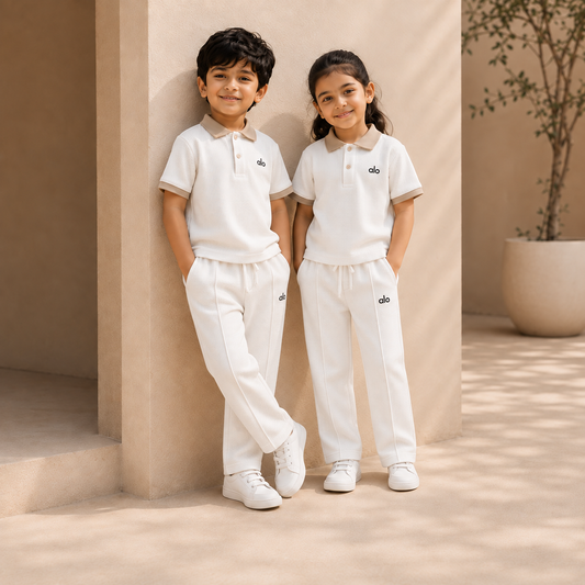 alo Polo Cord set — White x Beige kids pair lifestyle, straight pleated trousers