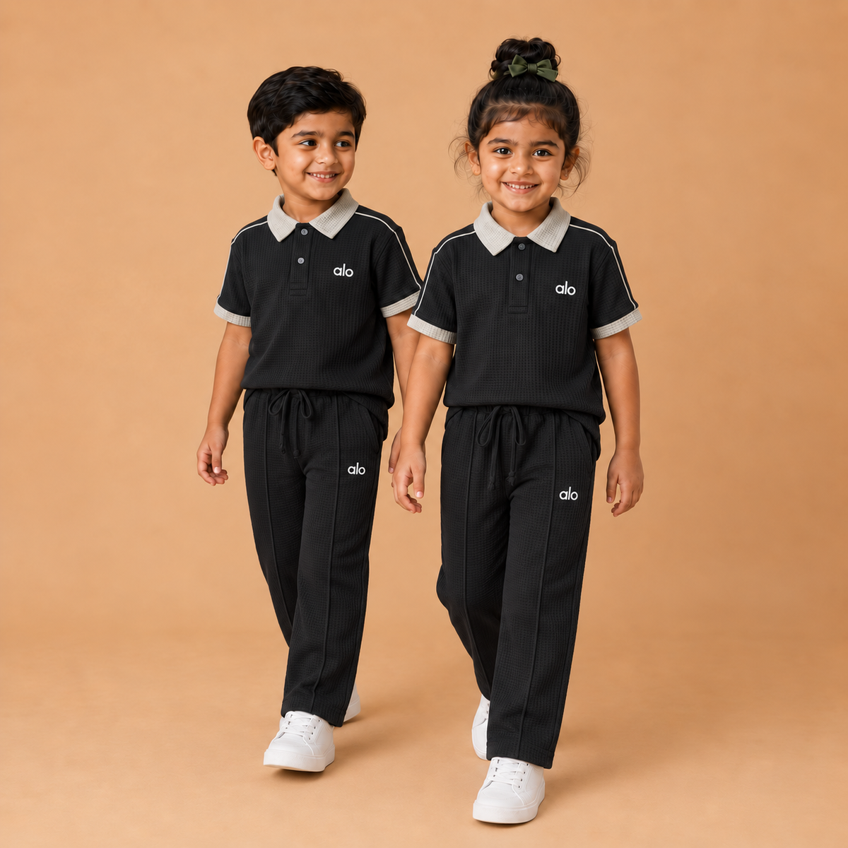 alo Polo Cord set — Black x Grey kids walking lifestyle, straight pleated trousers