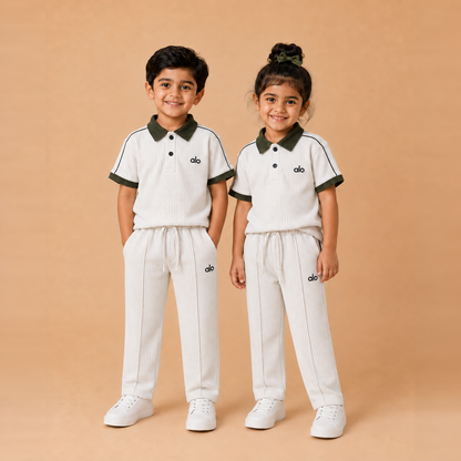 alo Polo Cord set — White x Army Green kids pair lifestyle, straight pleated trousers