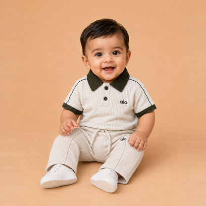 alo Polo Cord set — White x Army Green baby seated lifestyle, straight pleated trousers