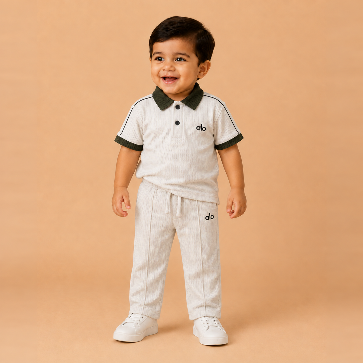 alo Polo Cord set — White x Army Green toddler lifestyle, straight pleated trousers