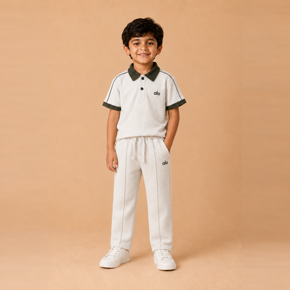 alo Polo Cord set — White x Army Green young boy lifestyle, straight pleated trousers