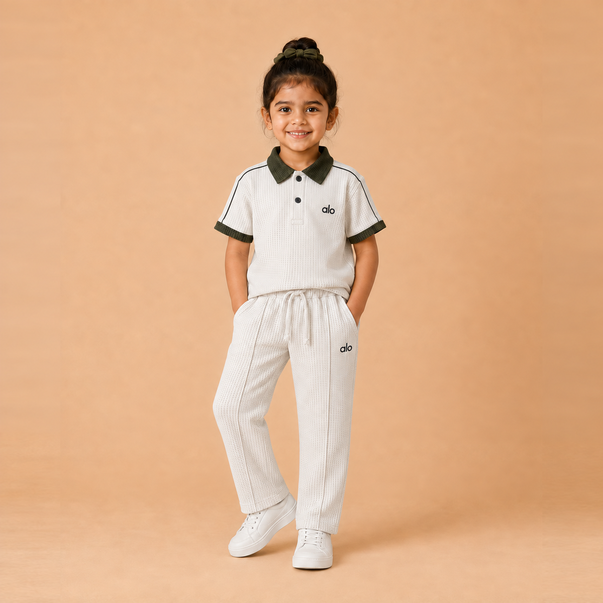alo Polo Cord set — White x Army Green young girl lifestyle, straight pleated trousers
