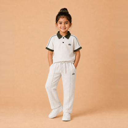 alo Polo Cord set — White x Army Green young girl lifestyle, straight pleated trousers