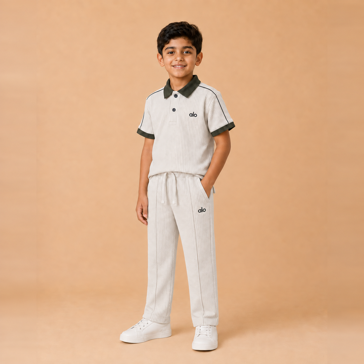 alo Polo Cord set — White x Army Green older boy front lifestyle, straight pleated trousers