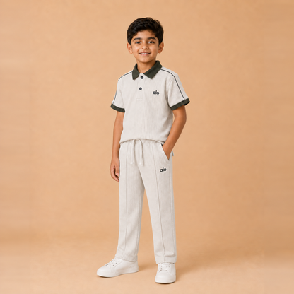 alo Polo Cord set — White x Army Green older boy front lifestyle, straight pleated trousers