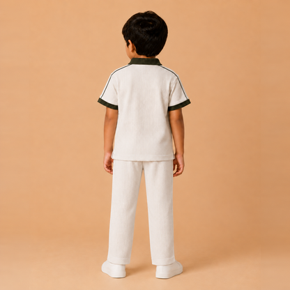 alo Polo Cord set — White x Army Green older boy back lifestyle, straight-leg trousers