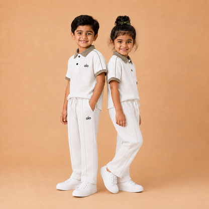 alo Polo Cord set — White x Beige kids pair studio lifestyle, straight pleated trousers