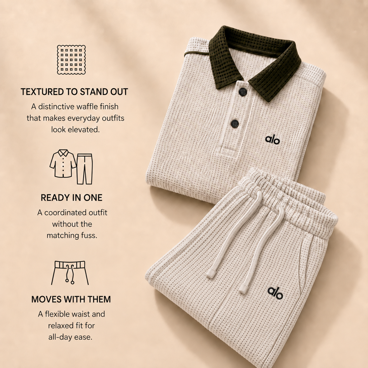 alo Polo Cord set — features infographic with straight pleated trousers