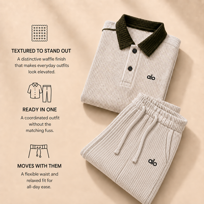 alo Polo Cord set — features infographic with straight pleated trousers