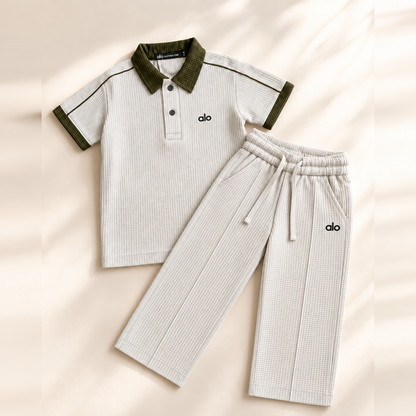alo Polo Cord set — product flat lay with straight pleated trousers