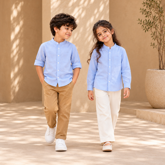 Cotton Band Collar Shirt in Light Blue — boy and girl