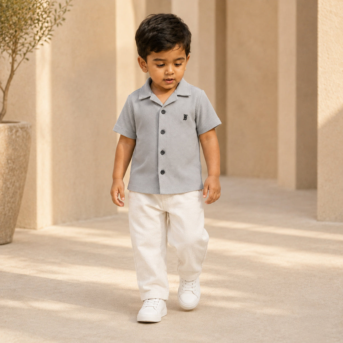 BORN 78 Waffle Button Down lifestyle — grey age2 boy