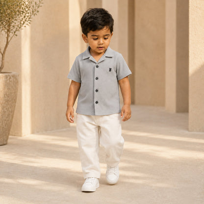 BORN 78 Waffle Button Down lifestyle — grey age2 boy