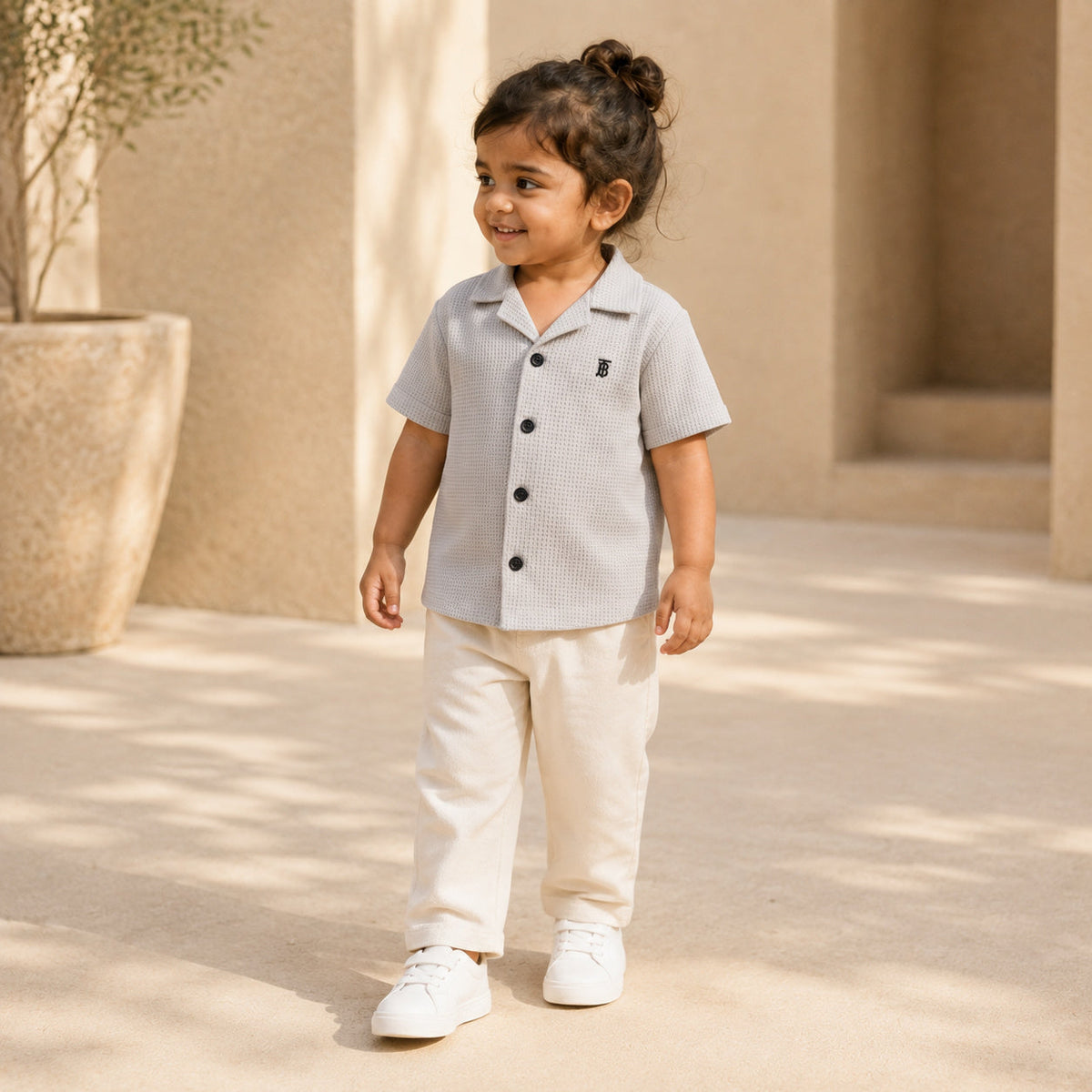 BORN 78 Waffle Button Down lifestyle — grey age2 girl