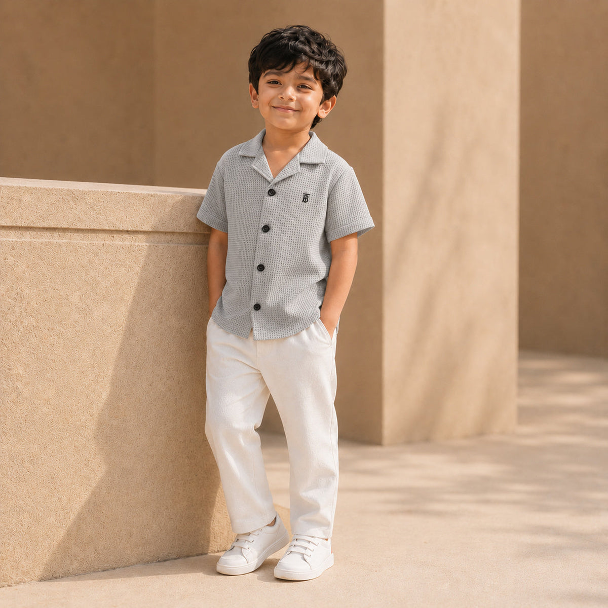 BORN 78 Waffle Button Down lifestyle — grey age5 boy