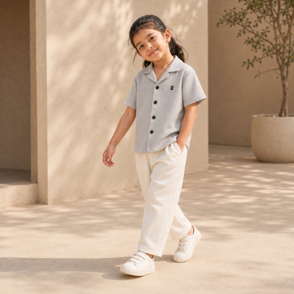 BORN 78 Waffle Button Down lifestyle — grey age5 girl