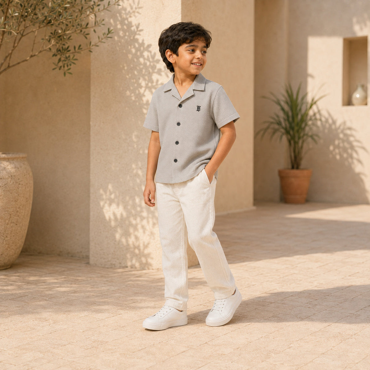 BORN 78 Waffle Button Down lifestyle — grey age9 boy