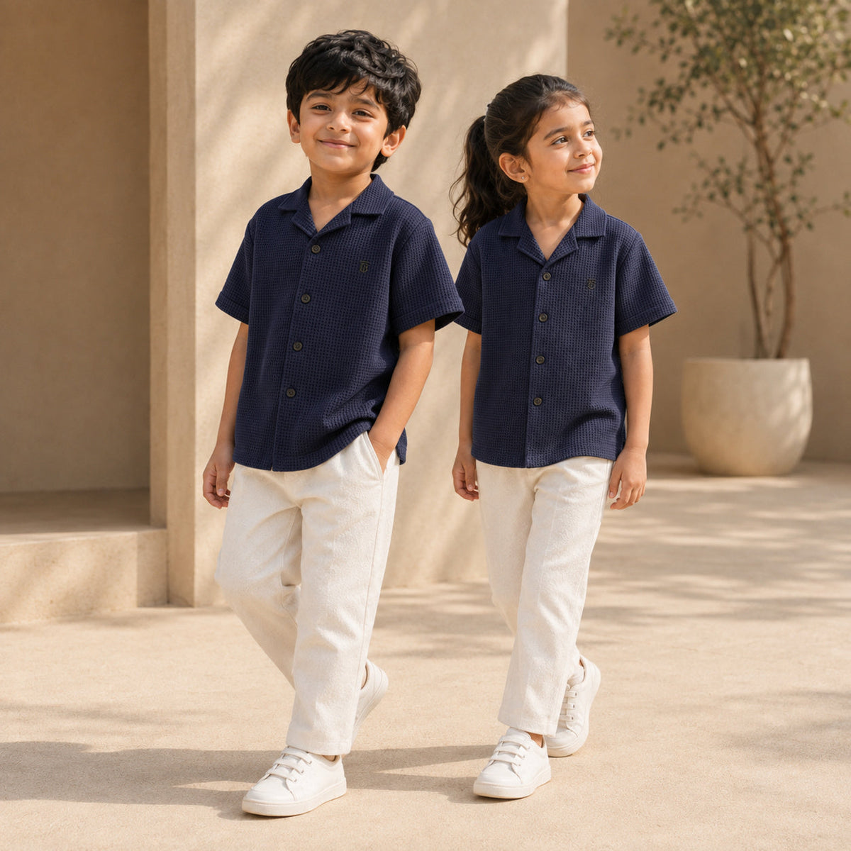 BORN 78 Waffle Button Down lifestyle — navy age5 pair