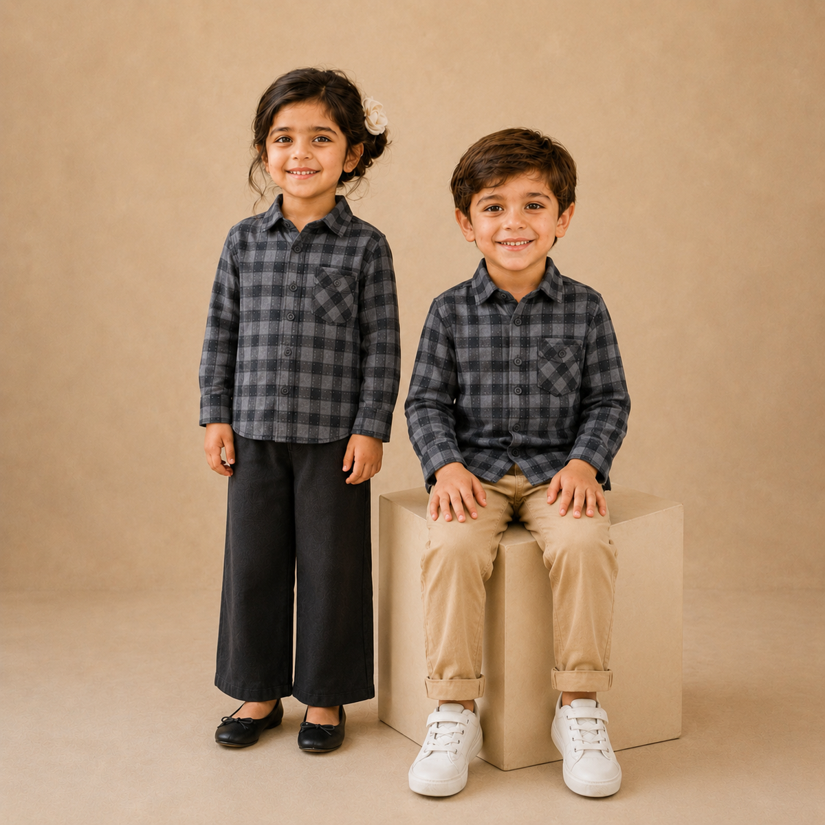 Classic Check Shirt Black and Grey Check - 5-year-old boy and girl together