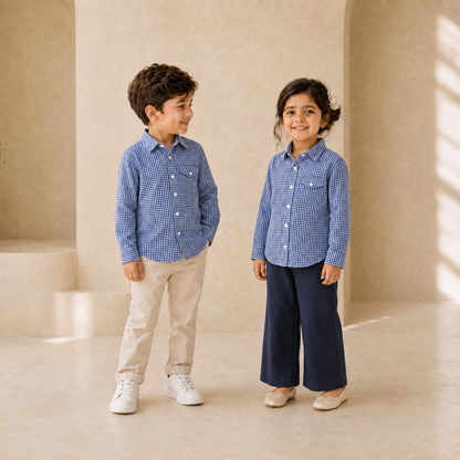 Classic Check Shirt Blue Check - 5-year-old boy and girl together