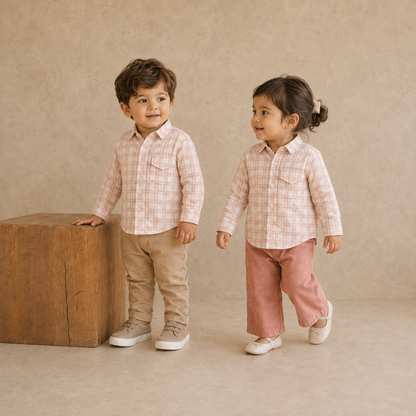 Classic Check Shirt Pink Check - 2-year-old boy and girl together