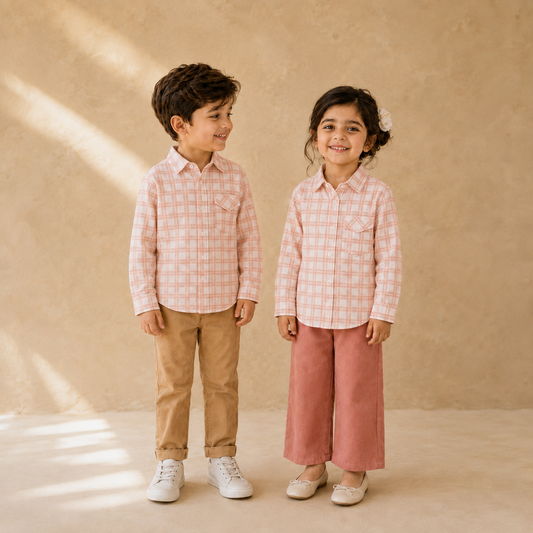 Classic Check Shirt Pink Check - 5-year-old boy and girl together