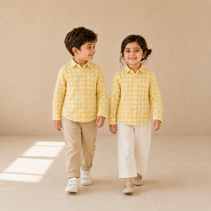 Classic Check Shirt Yellow Check - 5-year-old boy and girl together
