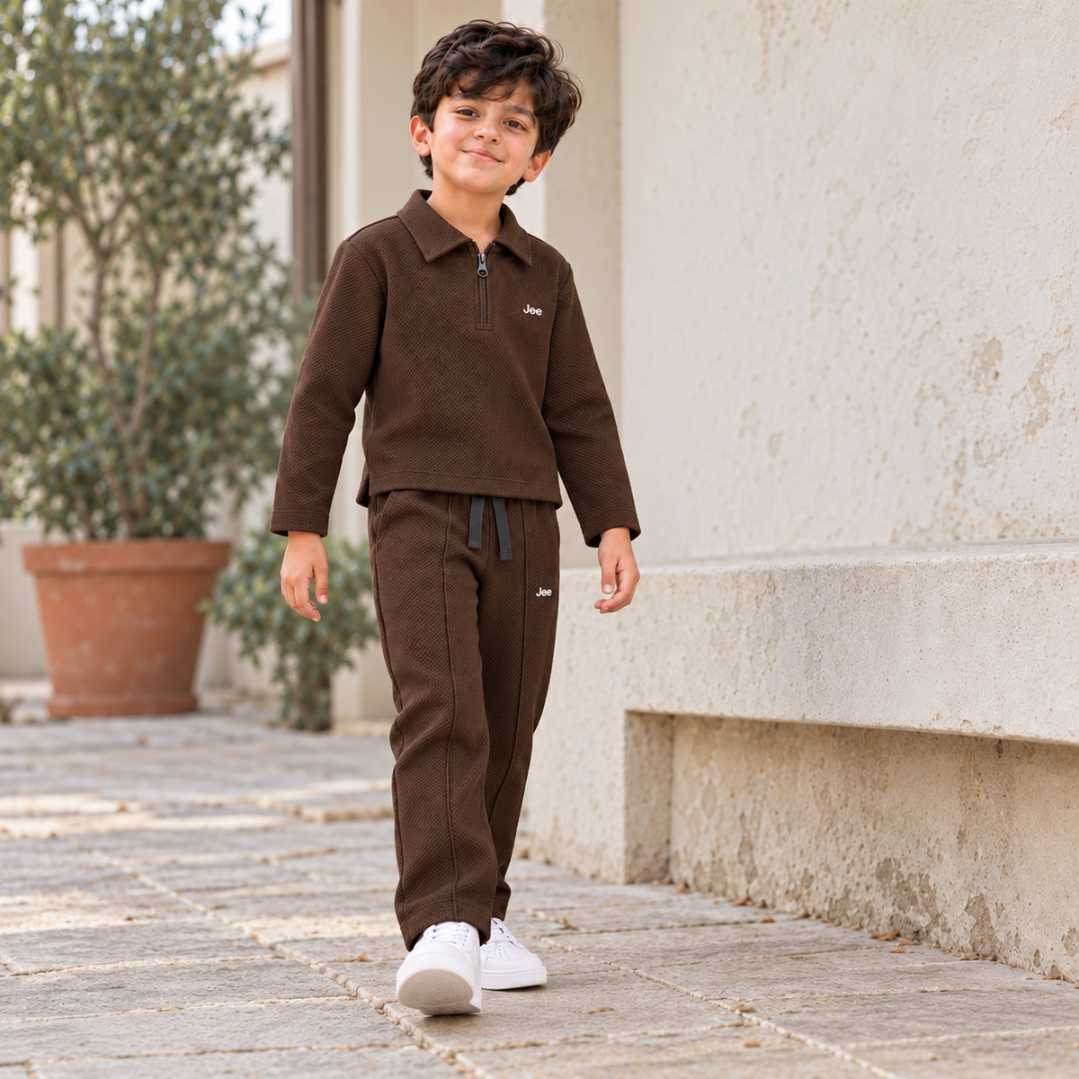 Born78 Fine-Textured Zip-Neck Winter Co-ord Set — Cocoa Brown — boy