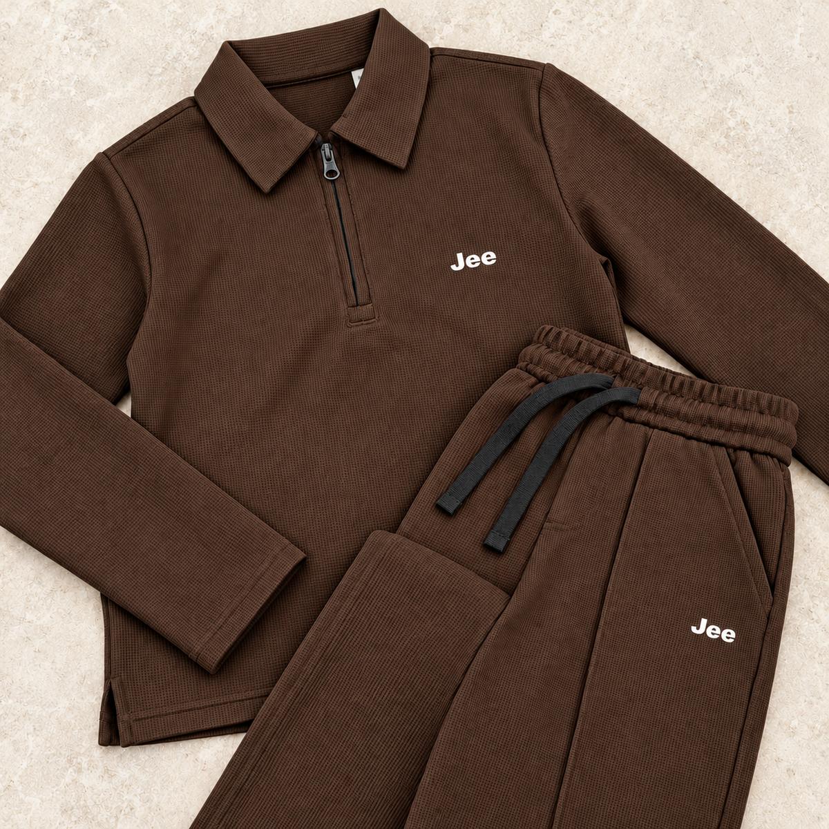 Born78 Fine-Textured Zip-Neck Winter Co-ord Set — Cocoa Brown — details