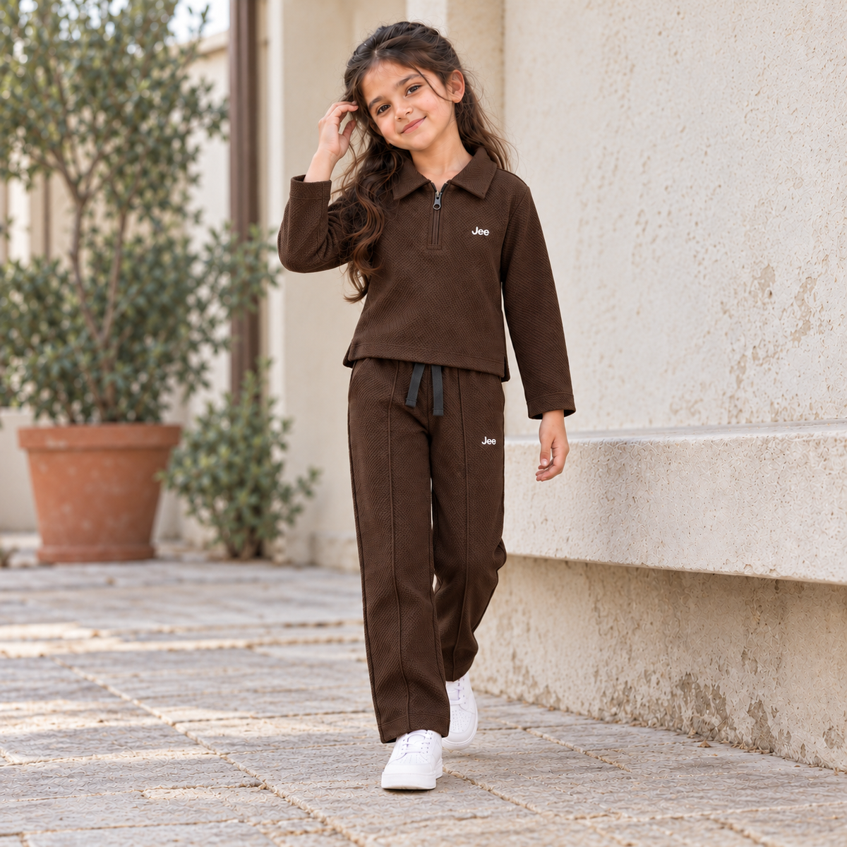 Born78 Fine-Textured Zip-Neck Winter Co-ord Set — Cocoa Brown — girl
