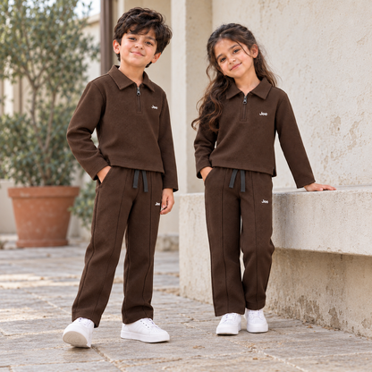Born78 Fine-Textured Zip-Neck Winter Co-ord Set — Cocoa Brown — hero