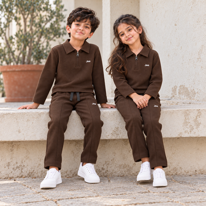 Born78 Fine-Textured Zip-Neck Winter Co-ord Set — Cocoa Brown — seated