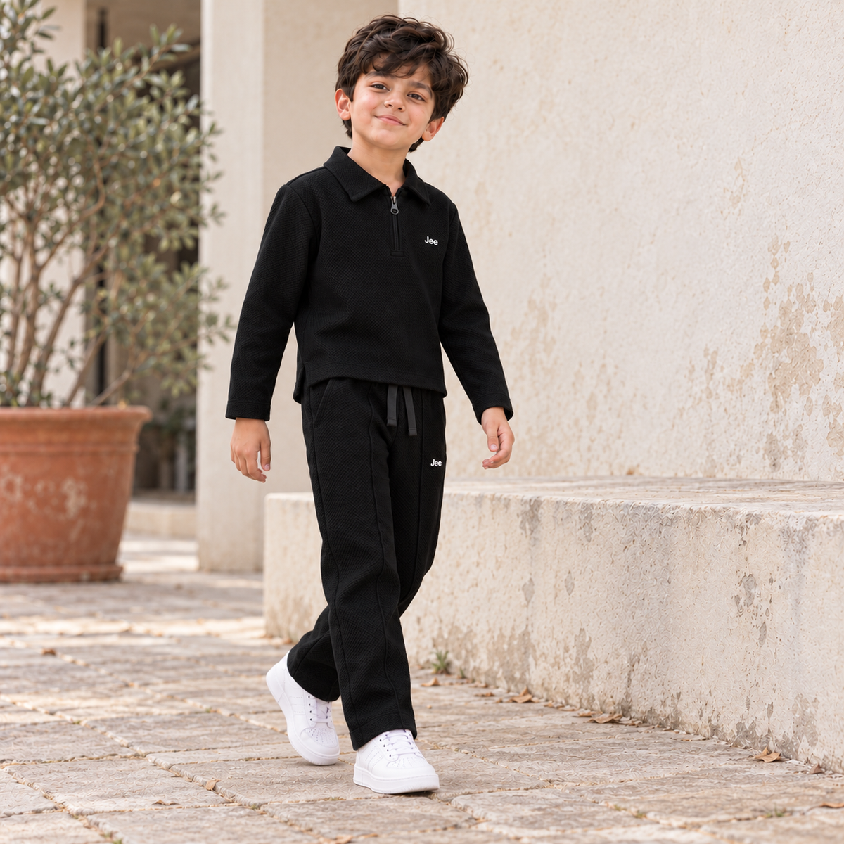 Born78 Fine-Textured Zip-Neck Winter Co-ord Set — Jet Black — boy