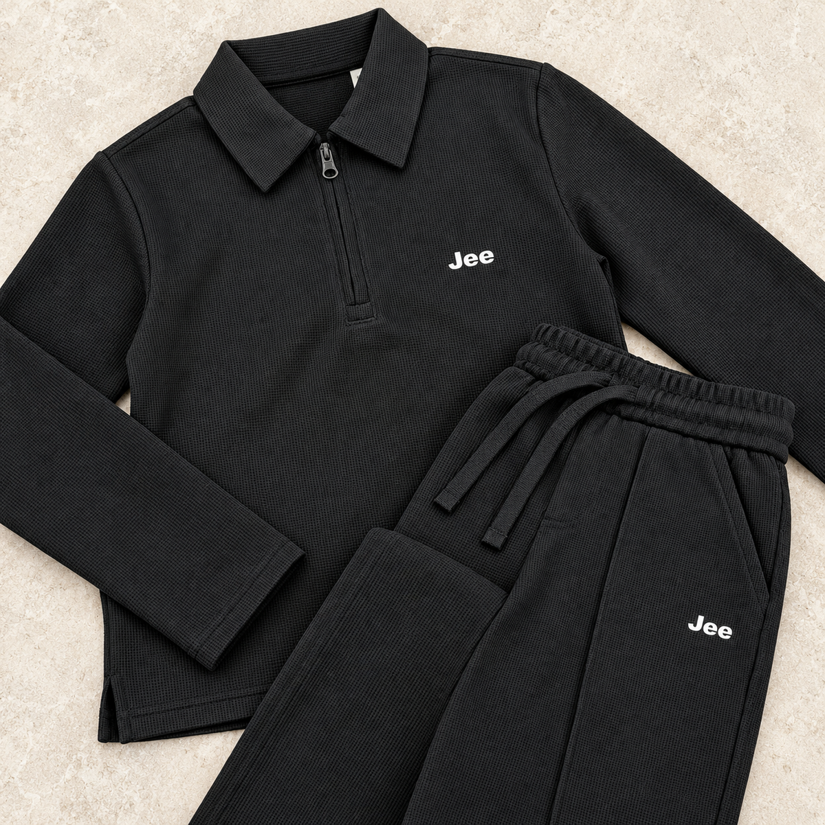 Born78 Fine-Textured Zip-Neck Winter Co-ord Set — Jet Black — details