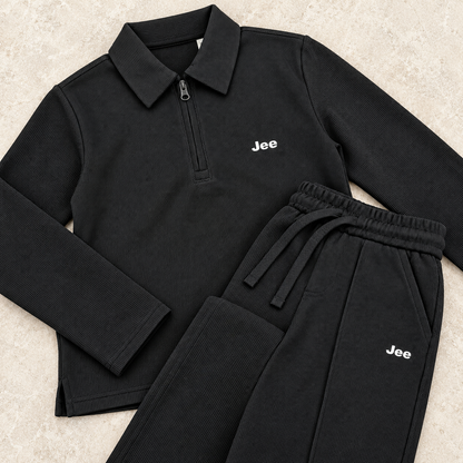Born78 Fine-Textured Zip-Neck Winter Co-ord Set — Jet Black — details