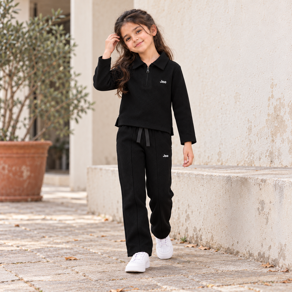 Born78 Fine-Textured Zip-Neck Winter Co-ord Set — Jet Black — girl