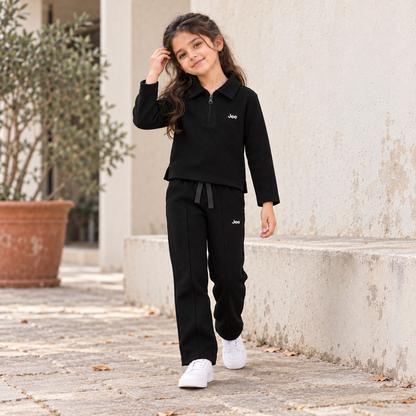 Born78 Fine-Textured Zip-Neck Winter Co-ord Set — Jet Black — girl