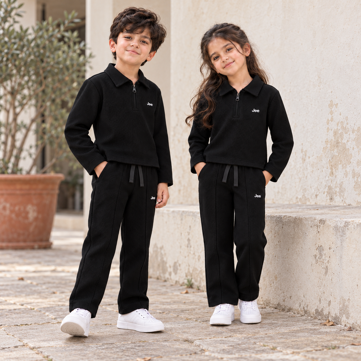 Born78 Fine-Textured Zip-Neck Winter Co-ord Set — Jet Black — hero