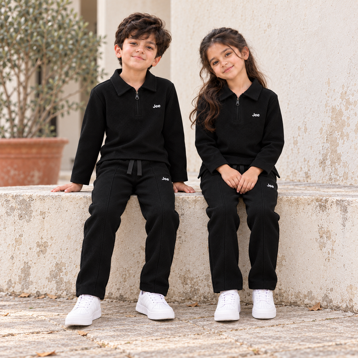 Born78 Fine-Textured Zip-Neck Winter Co-ord Set — Jet Black — seated
