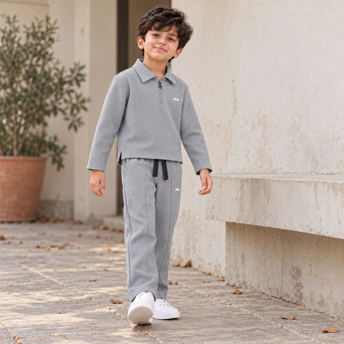 Born78 Fine-Textured Zip-Neck Winter Co-ord Set — Stone Grey — boy