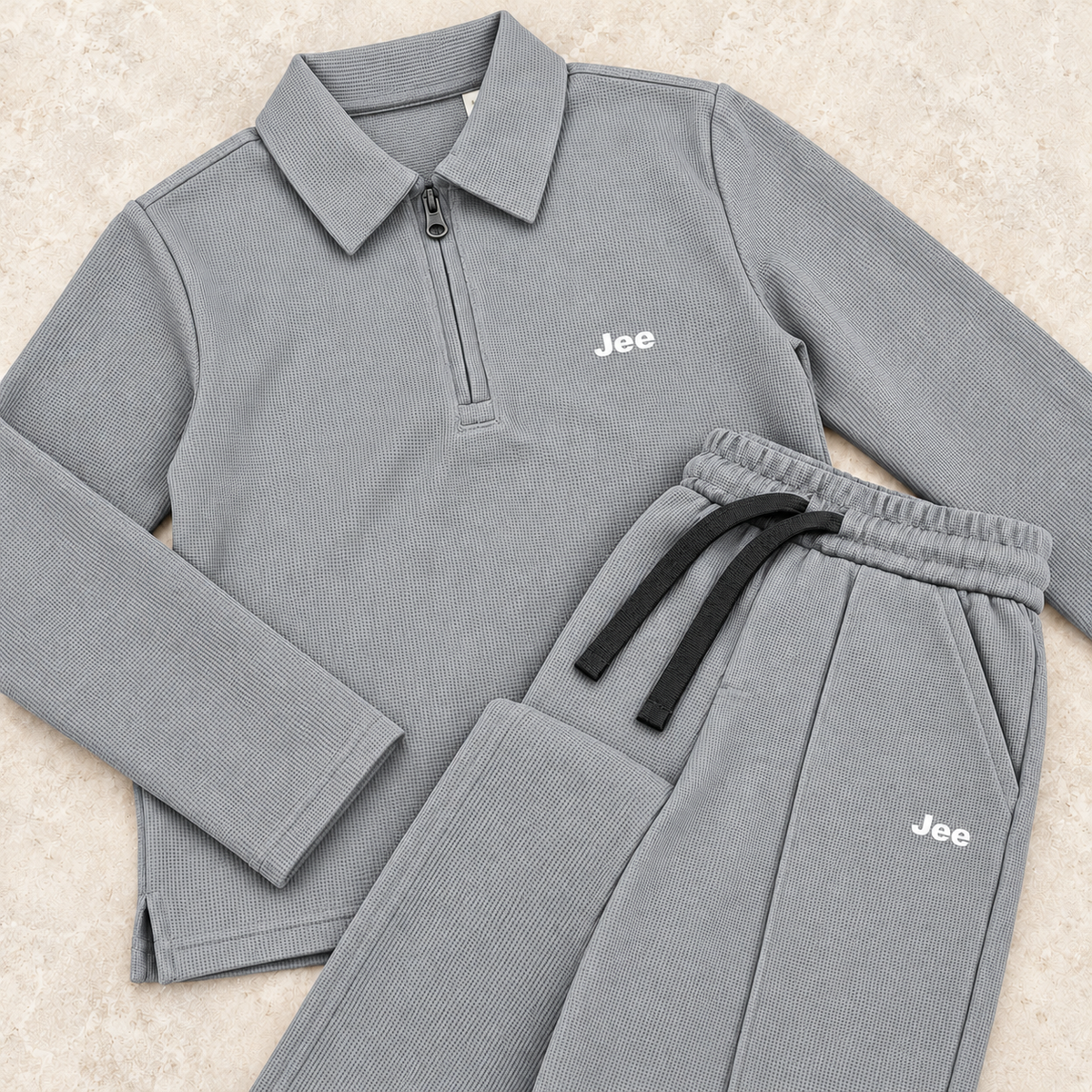 Born78 Fine-Textured Zip-Neck Winter Co-ord Set — Stone Grey — details