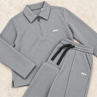 Born78 Fine-Textured Zip-Neck Winter Co-ord Set — Stone Grey — details