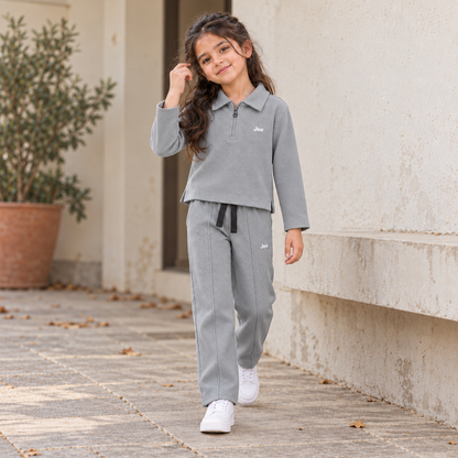 Born78 Fine-Textured Zip-Neck Winter Co-ord Set — Stone Grey — girl