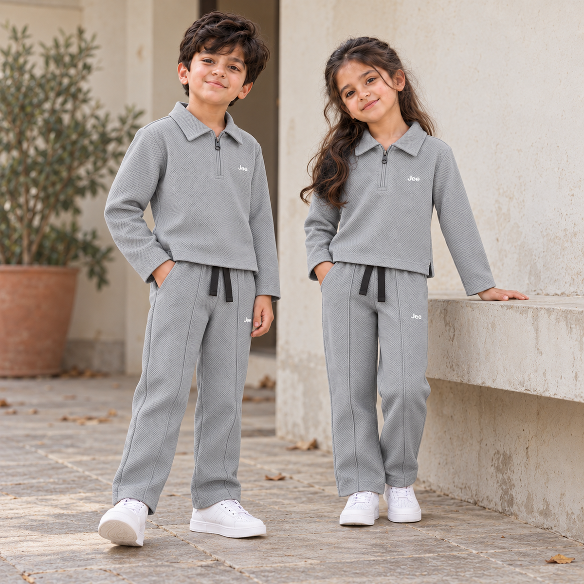 Born78 Fine-Textured Zip-Neck Winter Co-ord Set — Stone Grey — hero
